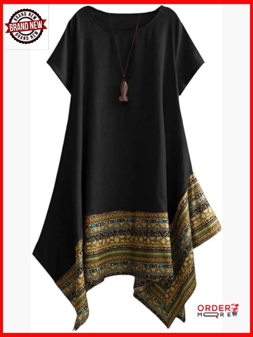 Ethnic Cotton Linen Irregular Tunic Dress